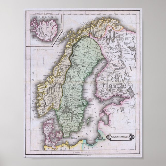 Affiche Carte de Scandinavie, Norvège, Suède, Finlande, et (Devant)