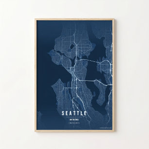 Affiche Carte de Seattle en bleu, impression, Washington,