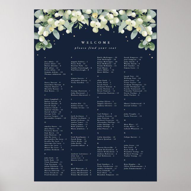 Affiche Carte de siège alphabétique 20x28" pour 150 person (Devant)