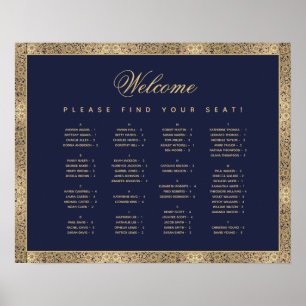 Affiche Carte de siège alphabétique Marine Blue Gold Roses