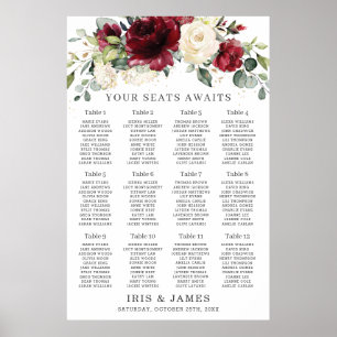 Affiche Carte de siège de Mariage floral de Bourgogne rust