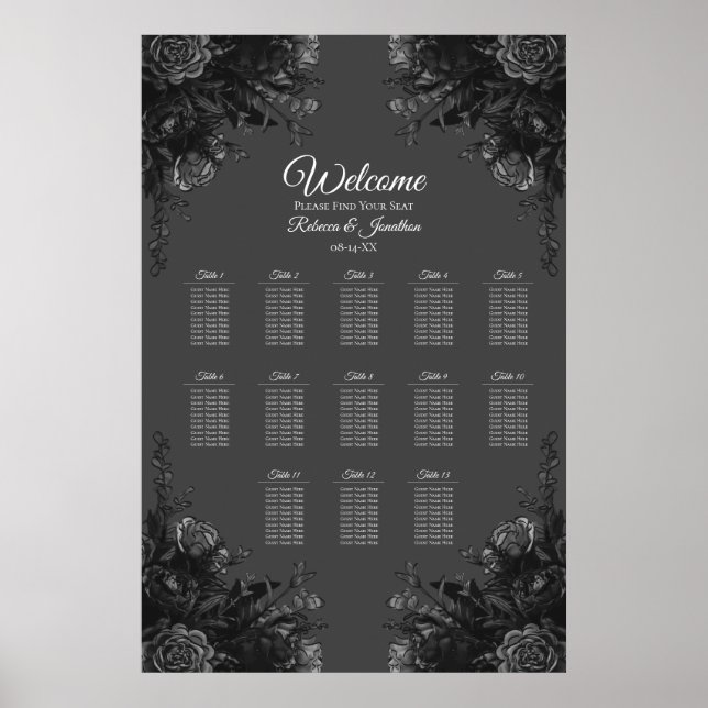 Affiche Carte de siège de Mariage gothique Rose gris noir (Devant)