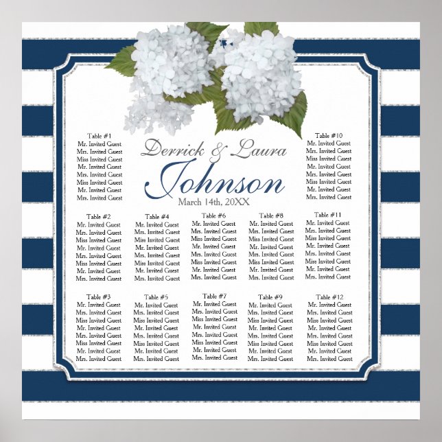 Affiche Carte de siège de réception Marine White Hydrangea (Devant)