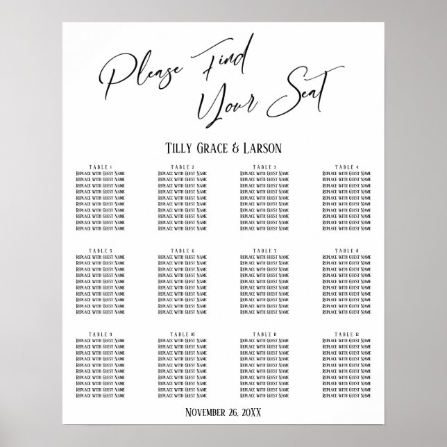 Affiche Carte de siège de réception par écriture simple (Devant)