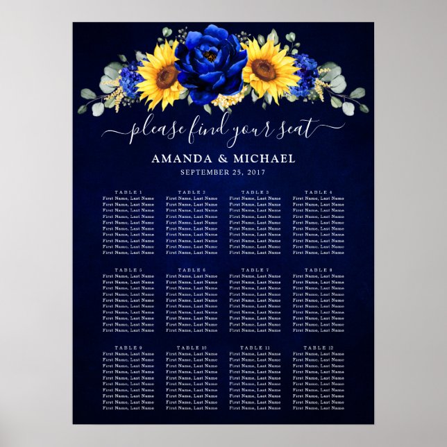 Affiche Carte de siège du Mariage de tournesol Royal Blue  (Devant)