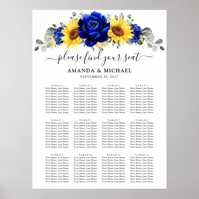 Affiche Carte de siège du Mariage de tournesol Royal Blue  (Devant)