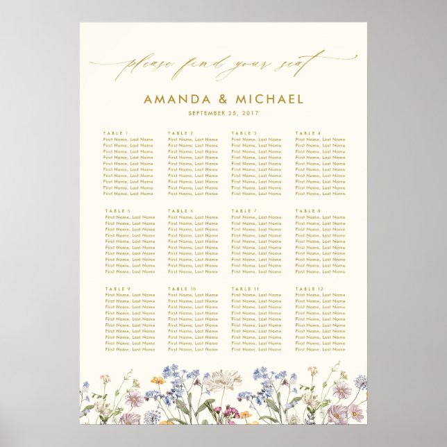 Affiche Carte de siège du Mariage Fleur sauvage de ressort (Devant)