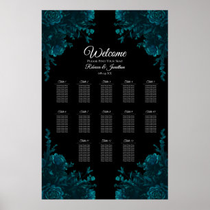 Affiche Carte de siège du Mariage gothique noir Rose turqu