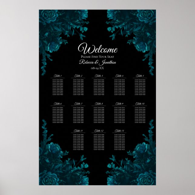 Affiche Carte de siège du Mariage gothique noir Rose turqu (Devant)