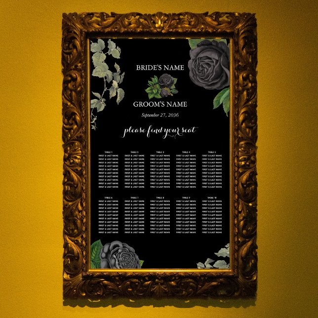 Affiche Carte de siège du Mariage Rose noir gothique Hallo (Gothic Halloween Black Roses Wedding Seating Chart)