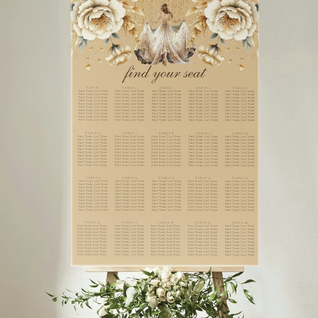 Affiche Carte de siège Luxury Ivory & Gold Quinceañera (Créateur téléchargé)