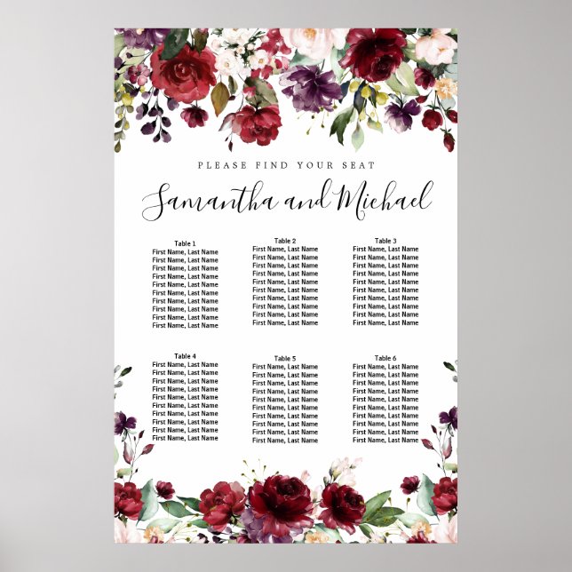 Affiche Carte de siège Mariage à 6 tables de fleurs rouges (Devant)