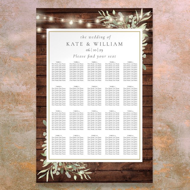 Affiche Carte de siège Mariage à chaîne rustique (Rustic String Light Greenery Wedding Seating Chart)