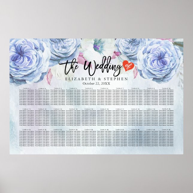 Affiche Carte de siège mariage Aquarelle Floral & Feathers (Devant)