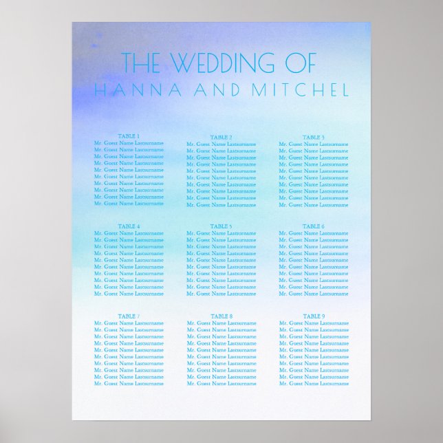Affiche Carte de siège Mariage aux aquarelles bleu (Devant)