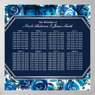 Affiche Carte de siège Mariage bleu Indigo Floral Flowers