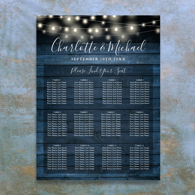 Affiche Carte de siège Mariage bleu rustique (Blue Rustic String Lights Wedding Seating Chart)