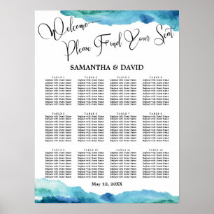 Affiche Carte de siège Mariage bleu vert Aqua Aquarelle