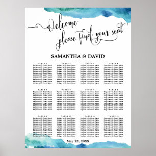 Affiche Carte de siège Mariage bleu vert Aqua Aquarelle