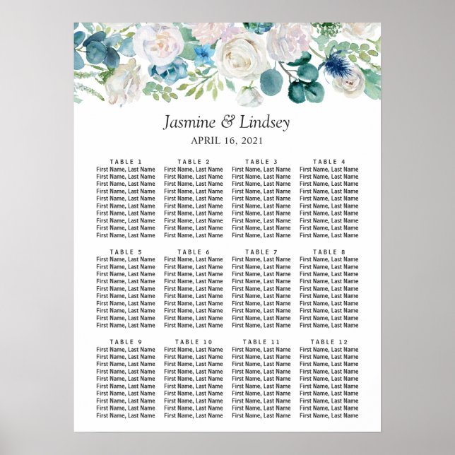 Affiche Carte de siège Mariage bleu vert blanc (Devant)