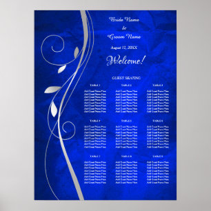 Affiche Carte de siège Mariage bleu vif à feuille d'argent