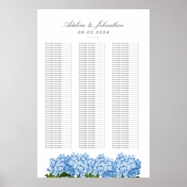 Affiche Carte de siège Mariage Blue Hydrangea (Devant)