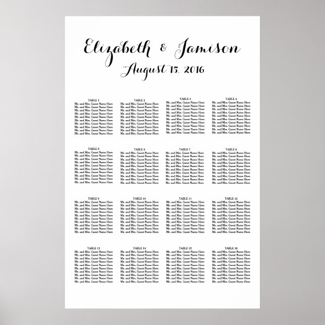 Affiche Carte de siège Mariage Calligraphie Lettré à la ma (Devant)