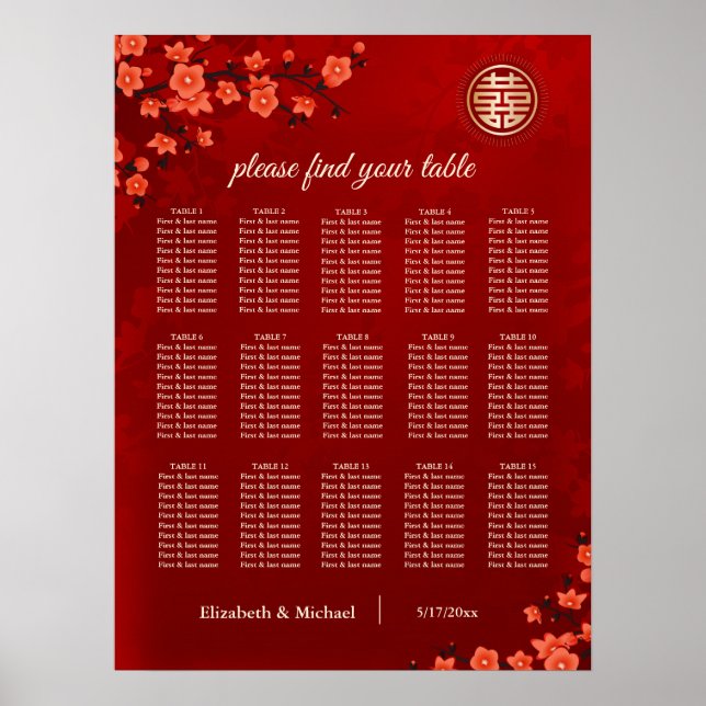 Affiche Carte de siège Mariage chinois Cherry Blossom (Devant)