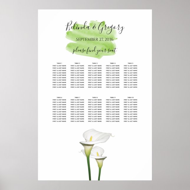 Affiche Carte de siège Mariage d'aquarelle Calla Lilies (Devant)