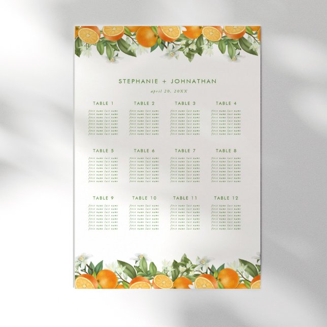 Affiche Carte de siège Mariage d'aquarelle mandarin orange (Mandarin Orange Watercolor Wedding Seating Chart)
