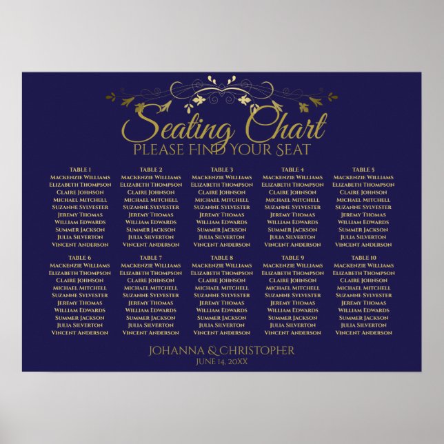 Affiche Carte de siège Mariage de 10 tables Gold & Navy si (Devant)