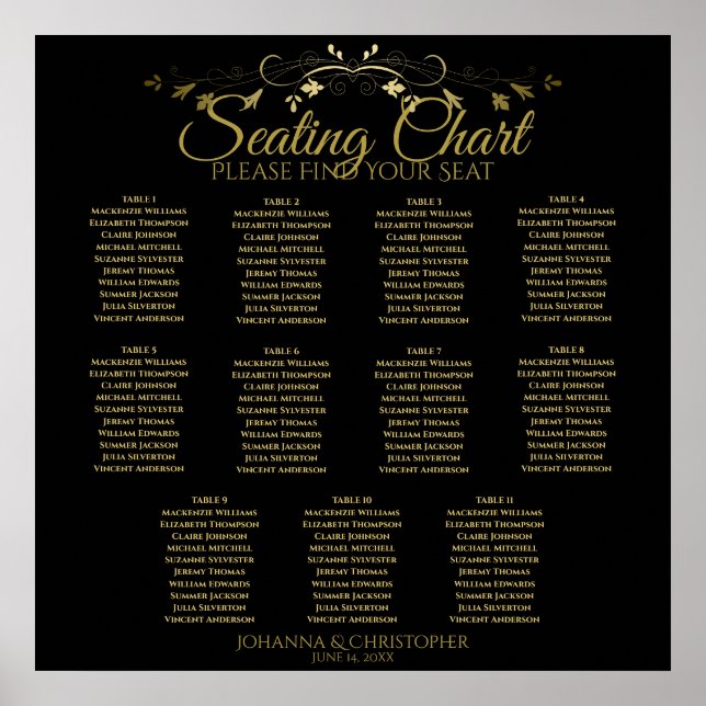 Affiche Carte de siège Mariage de 11 tables Gold & Black (Devant)