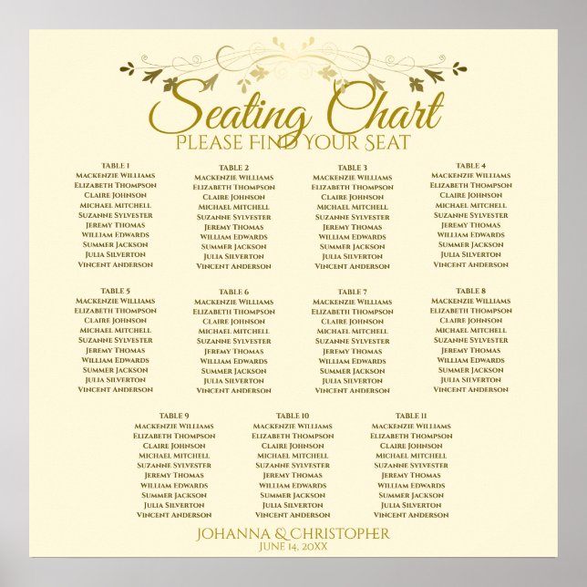 Affiche Carte de siège Mariage de 11 tables Gold & Cream S (Devant)