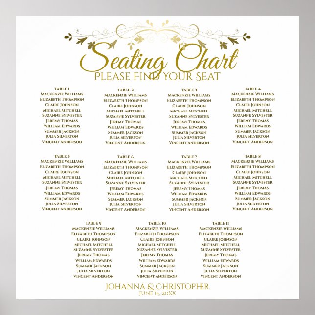 Affiche Carte de siège Mariage de 11 tables Gold & White (Devant)