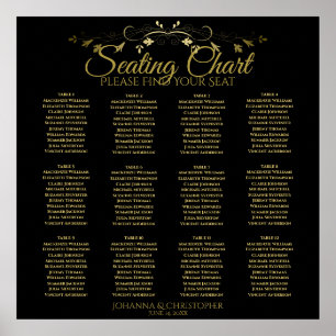 Affiche Carte de siège Mariage de 12 tables Gold & Black