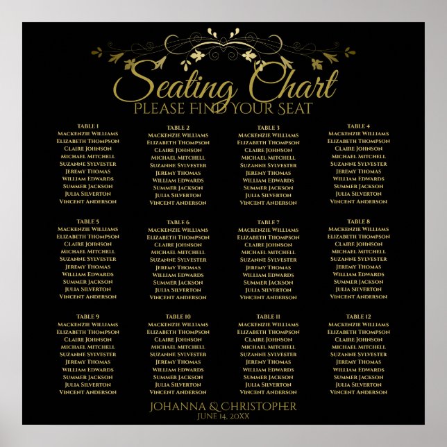 Affiche Carte de siège Mariage de 12 tables Gold & Black (Devant)