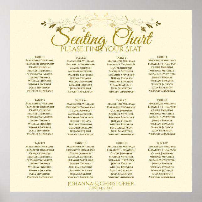 Affiche Carte de siège Mariage de 12 tables Gold & Cream S (Devant)