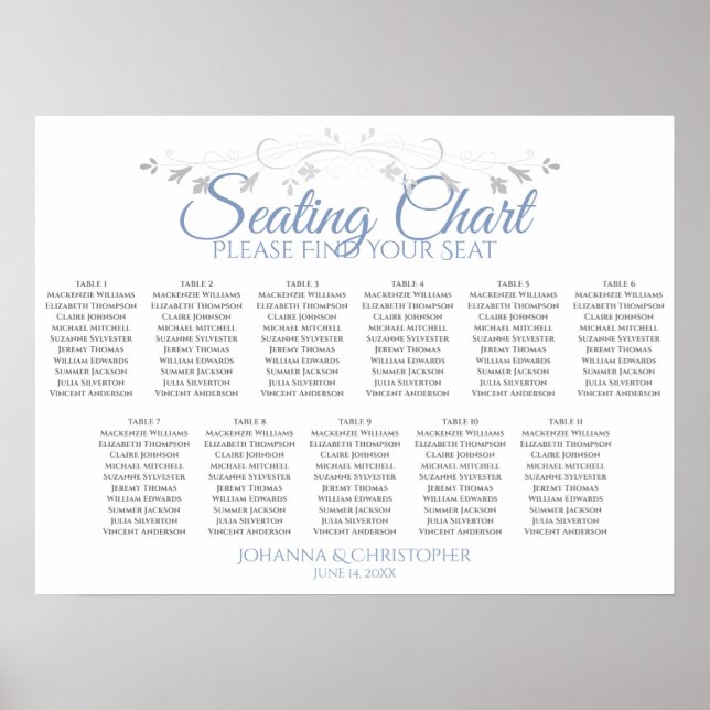 Affiche Carte de siège Mariage de table Blue Grey Chic 11 (Devant)