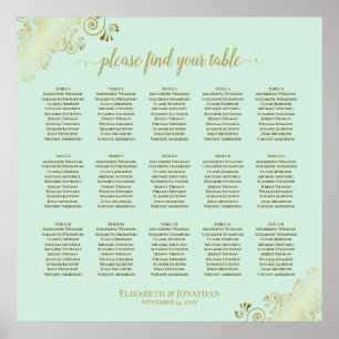 Affiche Carte de siège Mariage de table Mint Green & Gold 