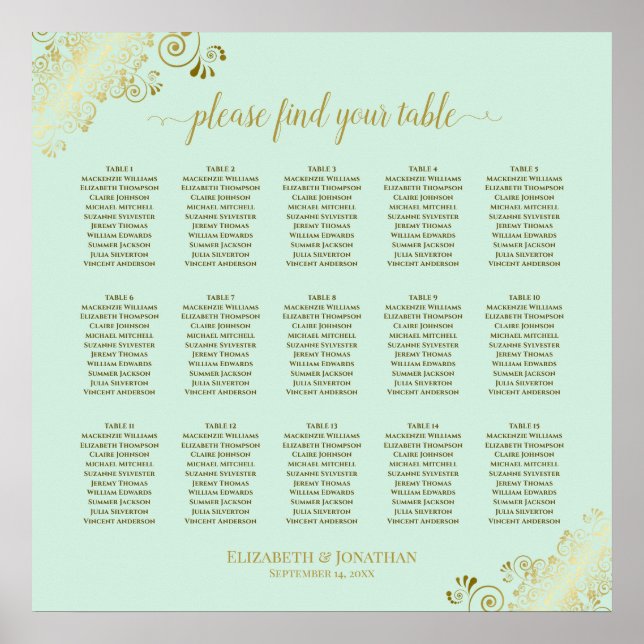 Affiche Carte de siège Mariage de table Mint Green & Gold  (Devant)