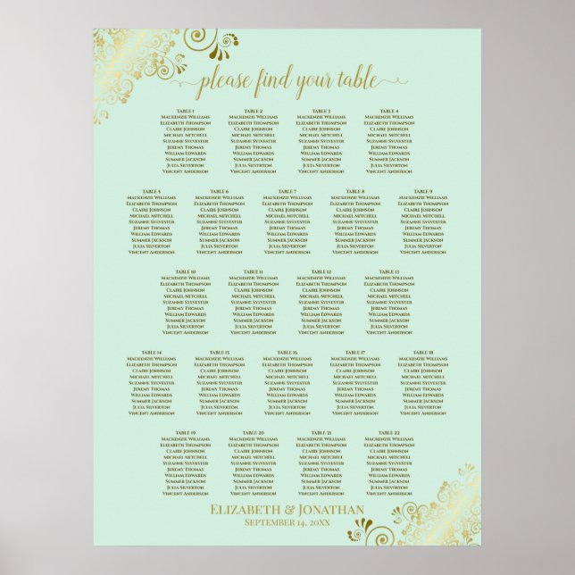 Affiche Carte de siège Mariage de table Mint Green & Gold  (Devant)