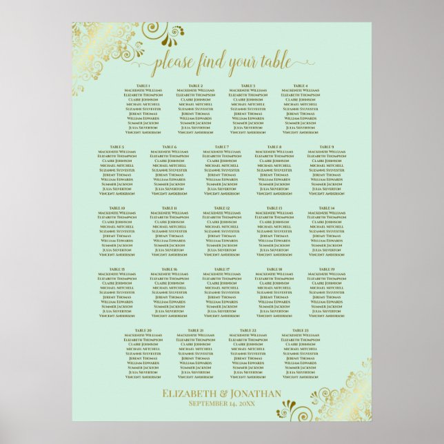 Affiche Carte de siège Mariage de table Mint Green & Gold  (Devant)