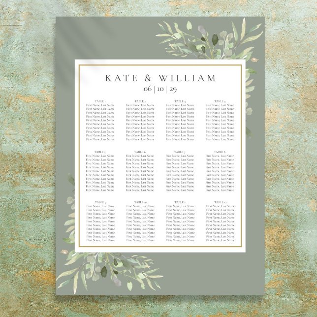 Affiche Carte de siège Mariage de verdure d'aquarelle (Watercolor Greenery Sage Wedding Seating Chart)