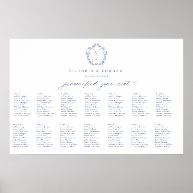 Affiche Carte de siège Mariage du monogramme de crête bleu (Devant)