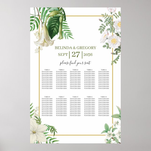Affiche Carte de siège Mariage en or vert blanc (Devant)