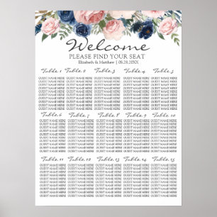 Affiche Carte de siège Mariage floral bleu bleu marine