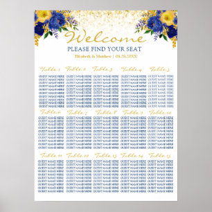 Affiche Carte de siège Mariage floral bleu et jaune