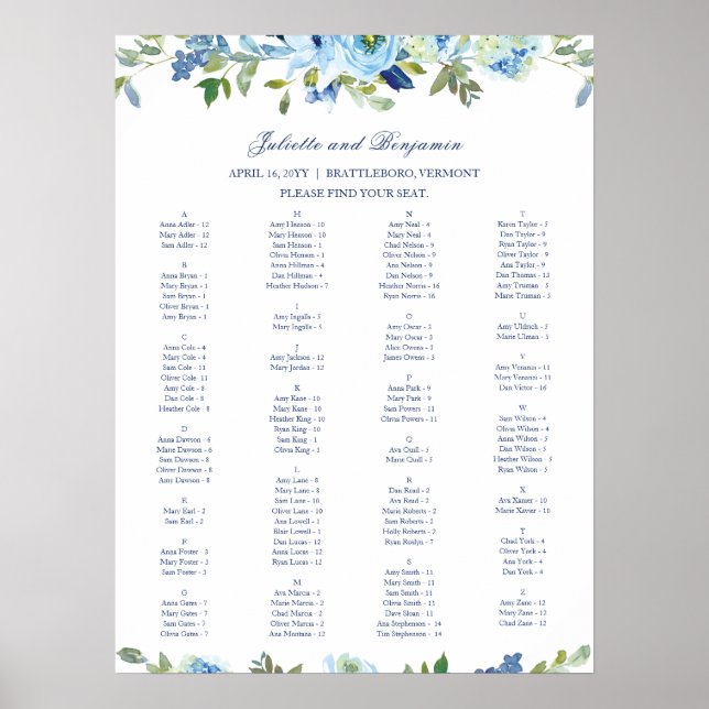 Affiche Carte de siège Mariage floral Dusty Blue Navy (Devant)