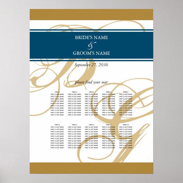 Affiche Carte de siège Mariage Gold Blue Elegant Monogram (Devant)