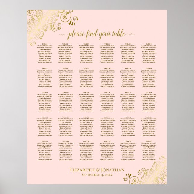 Affiche Carte de siège Mariage Gold & Blush Pink 30 Table (Devant)